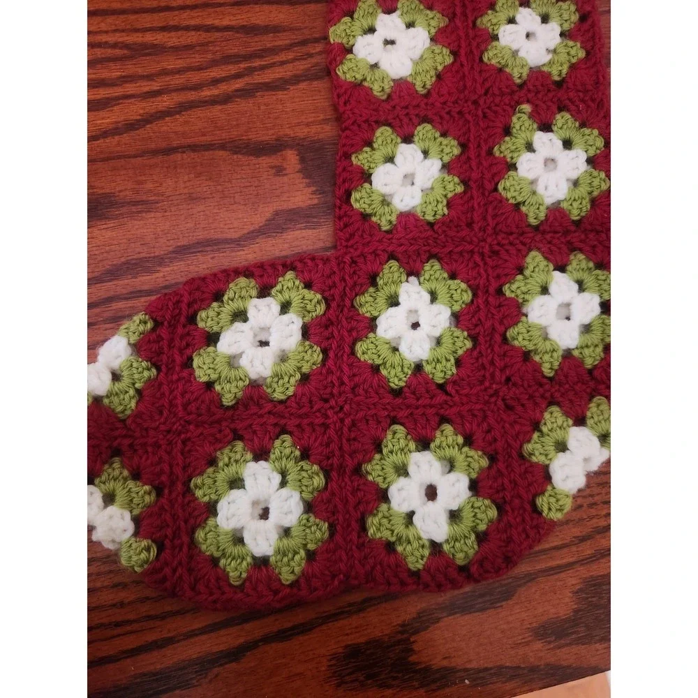 Vintage Hand Crocheted Retro GRANNY SQUARE Christmas Stocking Maroon White Green